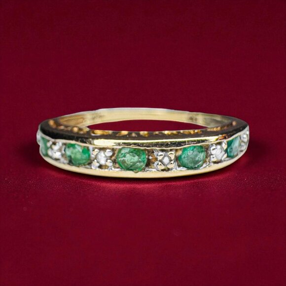 10K Gold -Natural Emerald & Diamond Ring - Sz 7 -I LOVE YOU Stacking Ring -1.6g - Picture 1 of 16